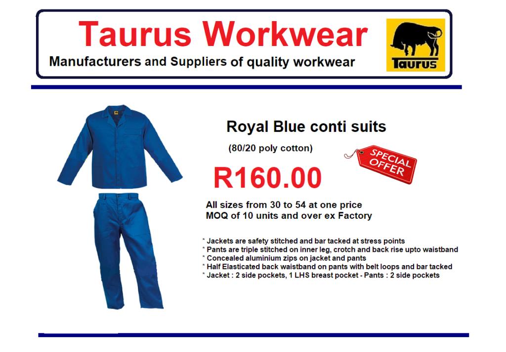 Royal Blue conti suits (poly cotton) | Taurus Workwear